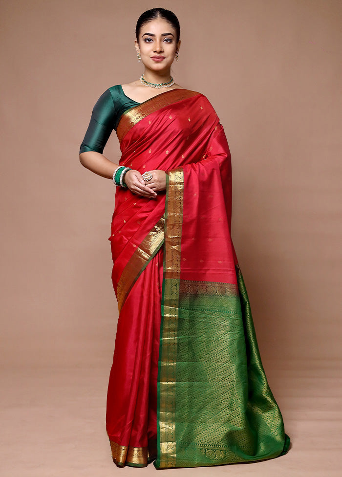 Red Handloom Kanjivaram Pure Silk Saree With Blouse Piece Outlet Cheap Online