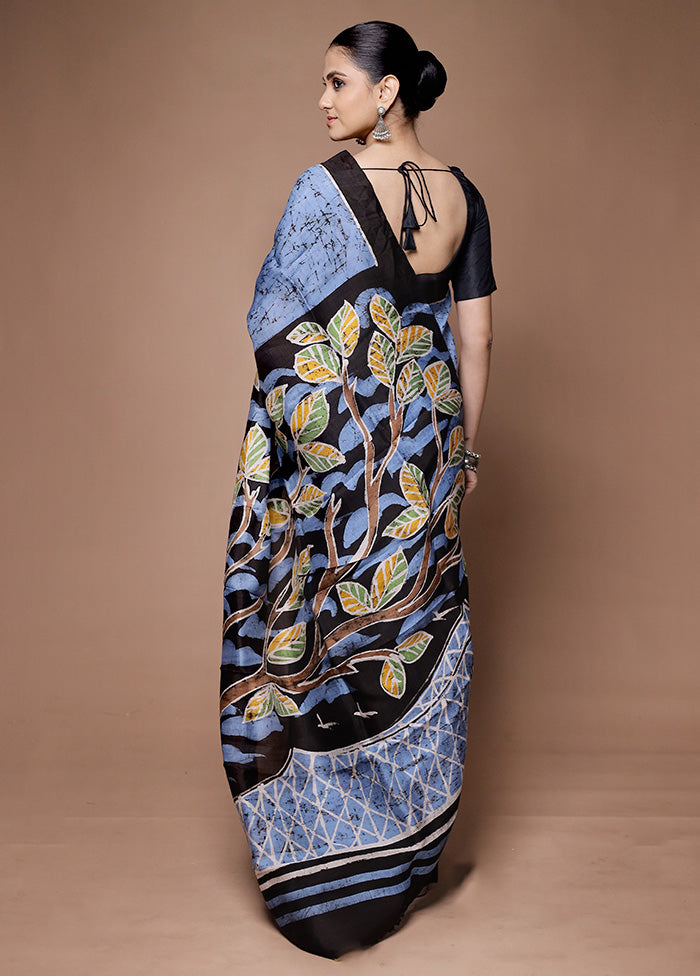 Blue Printed Pure Silk Saree Without Blouse Piece Discount Get To Buy