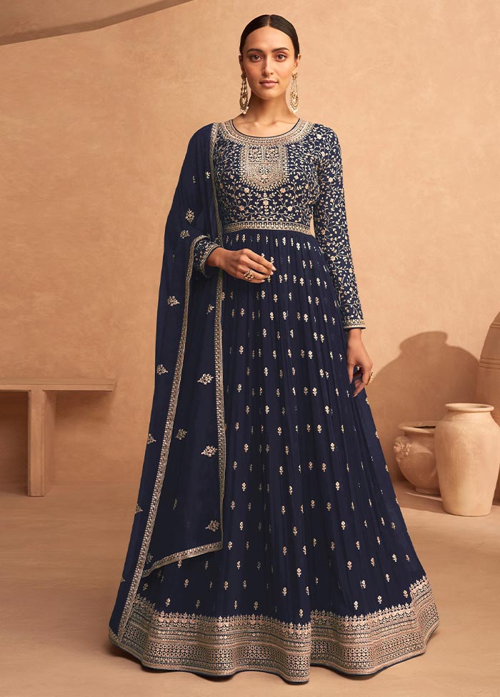 3 Pc Navy Blue Semi Stitched Georgette Suit Set Cheap Sale Best Pices