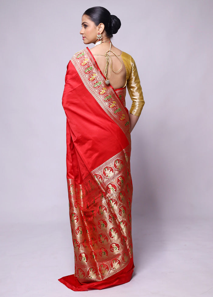 Red Handloom Banarasi Pure Silk Saree With Blouse Piece Pay With Visa For Sale