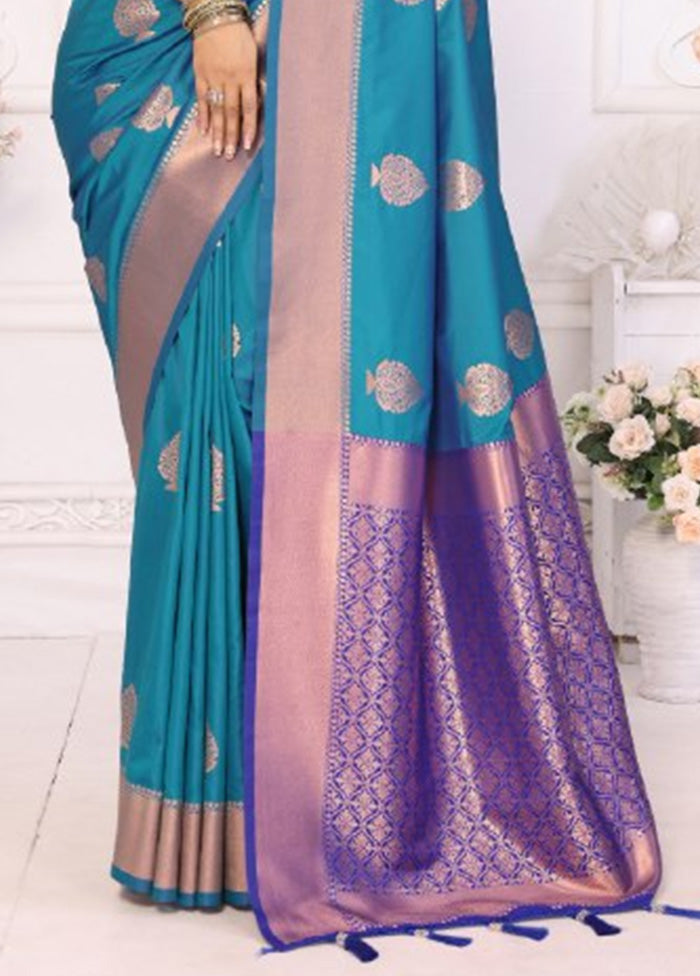 Teal Blue Spun Silk Saree With Blouse Piece Wiki For Sale