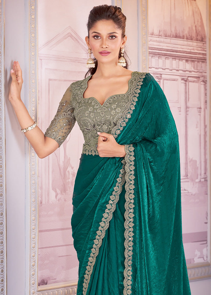 Green Satin Silk Saree With Blouse Piece Buy Cheap Visit New