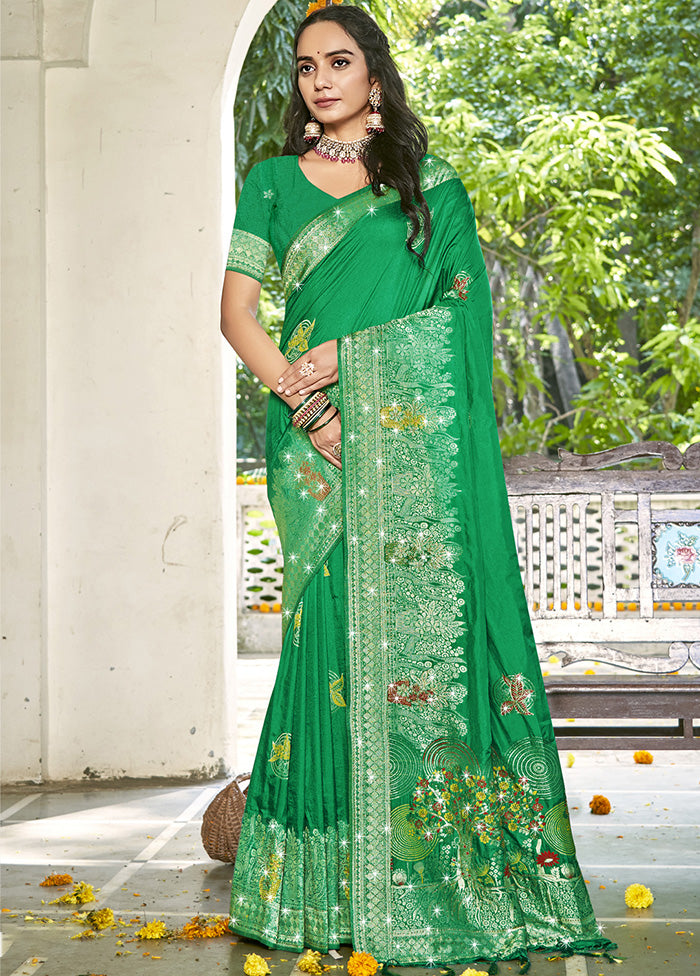 Green Spun Silk Saree With Blouse Piece Discount Cost