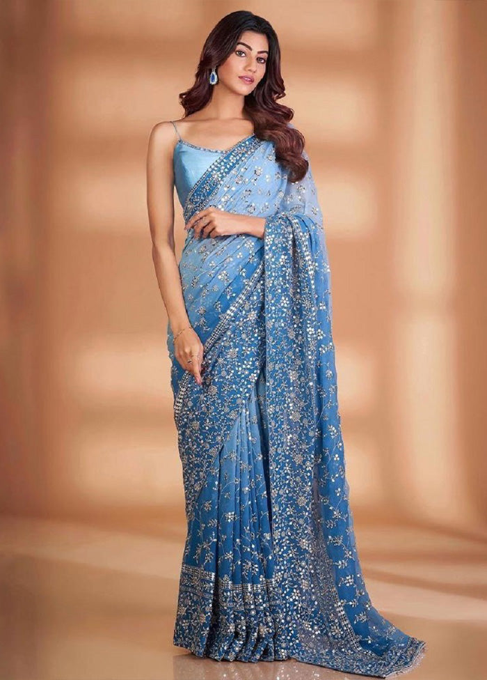 Blue Georgette Saree With Blouse Piece Enjoy For Sale