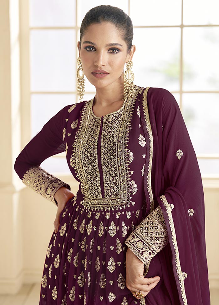 3 Pc Dark Purple Semi Stitched Georgette Suit Set Buy Cheap Explore