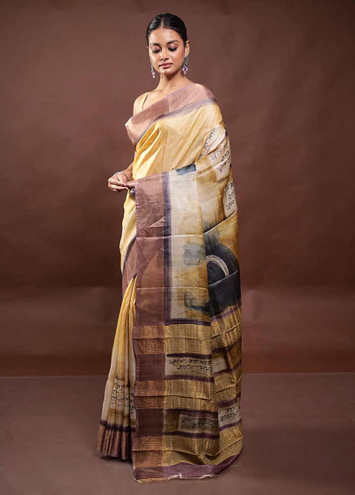 Yellow Handloom Tussar Pure Silk Saree With Blouse Piece Cheap Sale 2025 New