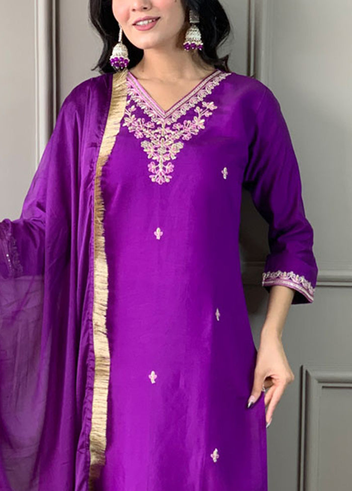 3 Pc Violet Readymade Viscose Suit Set Discount 2025 New