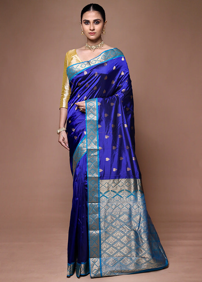 Blue Handloom Kanjivaram Pure Silk Saree With Blouse Piece Shop For Cheap Pice