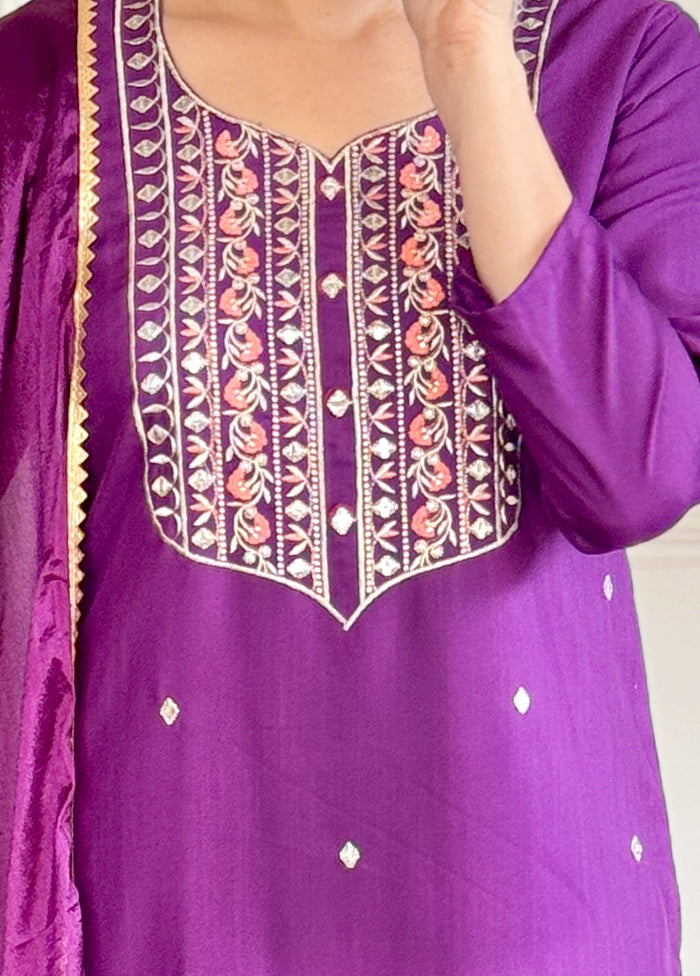 3 Pc Purple Readymade Rayon Suit Set Sale Cheapest Pice