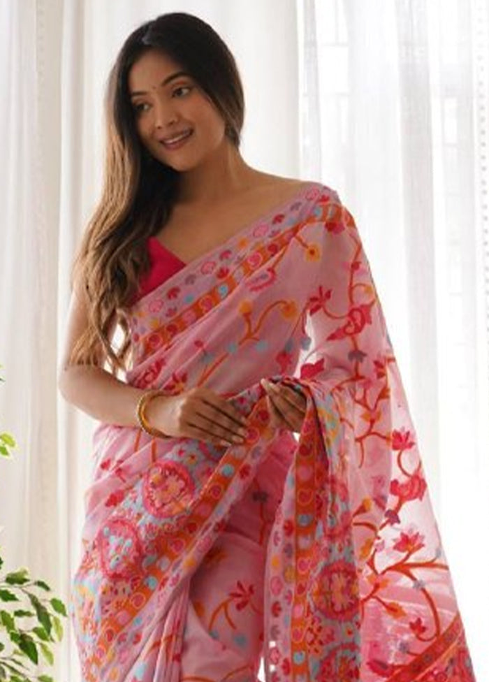 Pink Banarasi Silk Saree With Blouse Piece Discount Fashion Style