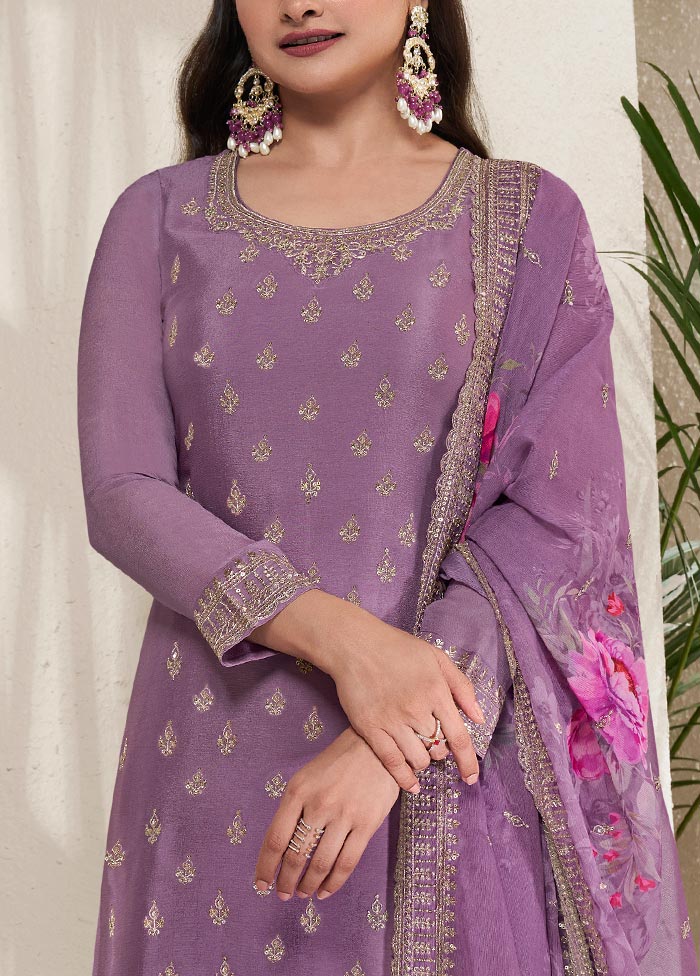 3 Pc Purple Semi Stitched Viscose Suit Set Cheap Pice