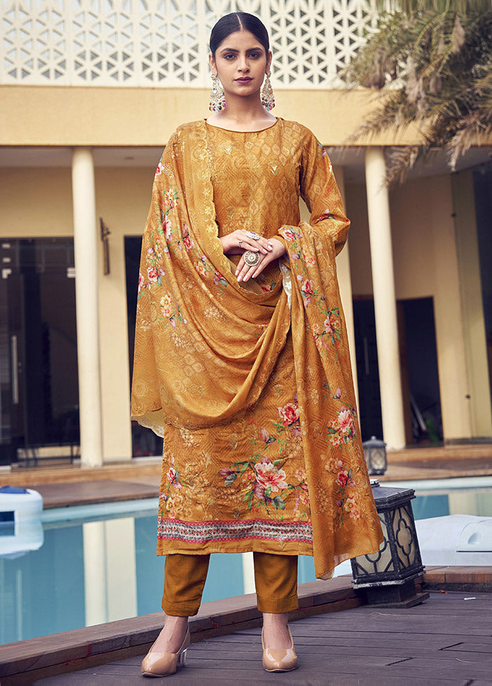 3 Pc Mustard Unstitched Silk Suit Set 2025 Unisex