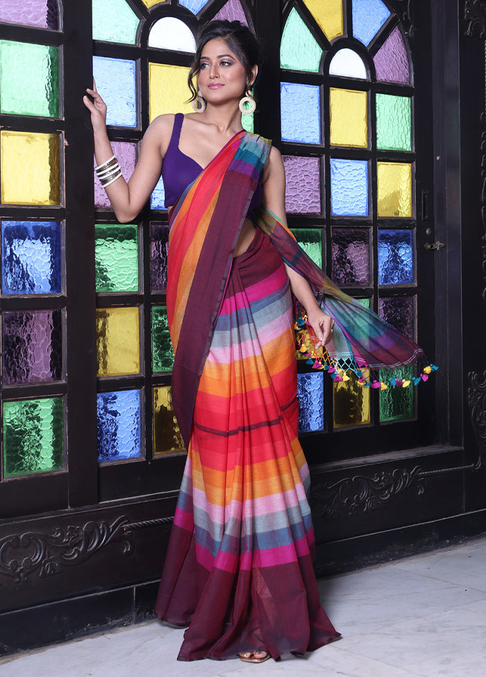 Maroon Cotton Colorblock Saree Without Blouse Piece Discount How Much