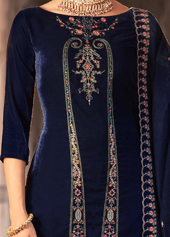 3 Pc Navy Blue Unstitched Velvet Suit Set Sale Top Quality