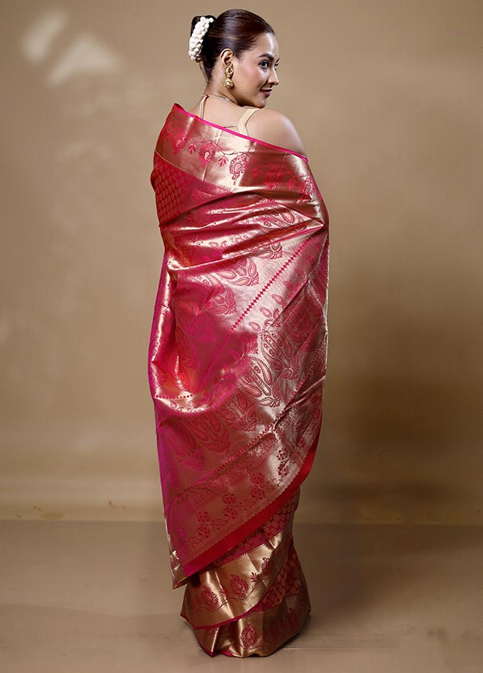 Pink Handloom Kanjivaram Pure Silk Saree With Blouse Piece For Sale 2025