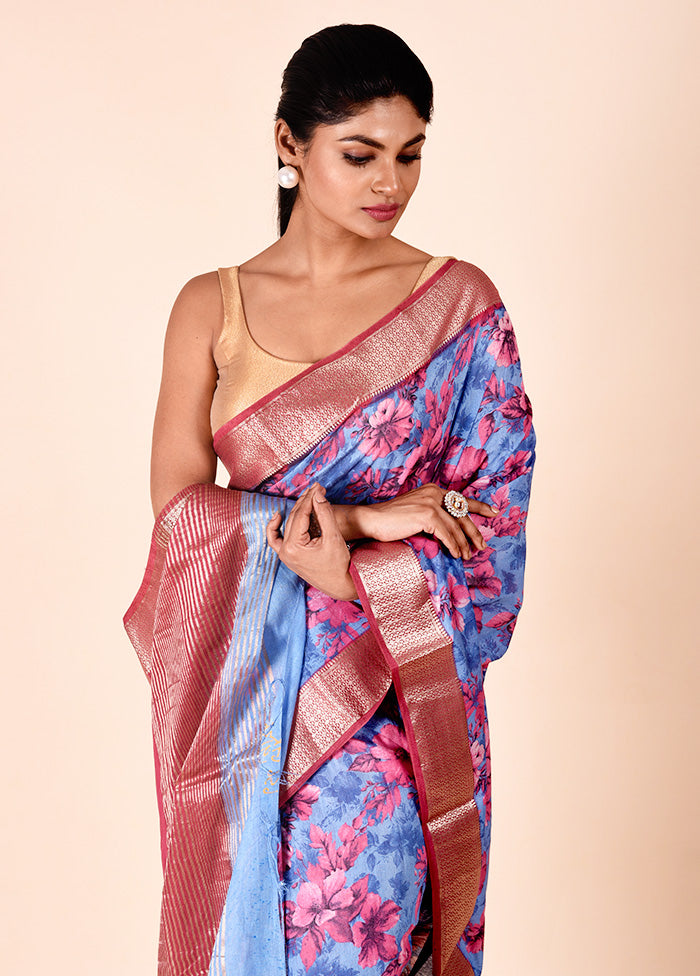 Blue Chanderi Cotton Saree With Blouse Piece Sast