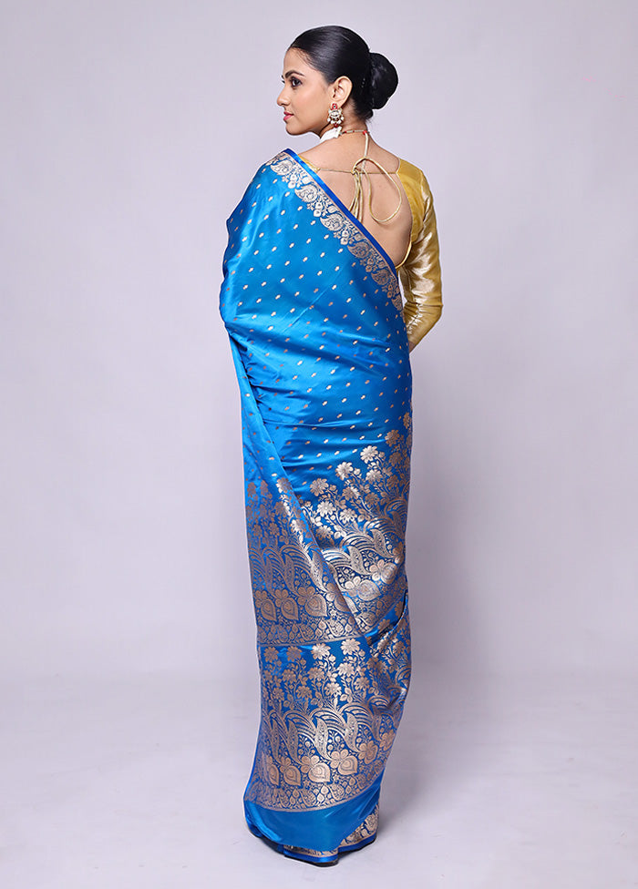 Blue Banarasi Silk Saree With Blouse Piece Sale Official