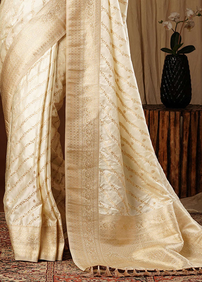 Cream Satin Silk Saree With Blouse Piece Cheap Sale Low Cost