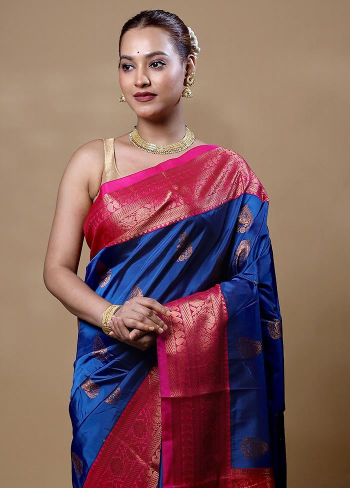 Blue Kanjivaram Silk Saree With Blouse Piece Discount Largest Supplier