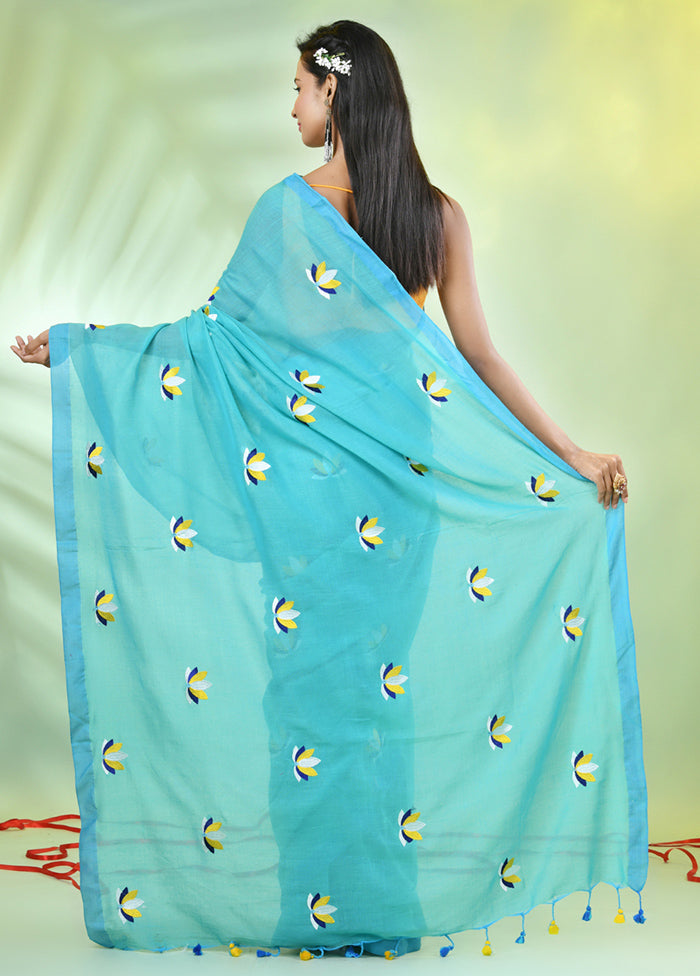 Sea Green Cotton Saree With Blouse Piece Cheap Sale Marketable