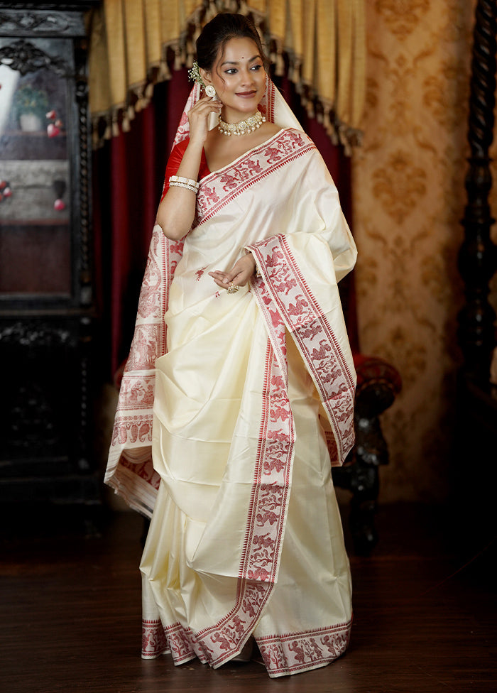 Cream Handloom Baluchari Pure Silk Saree With Blouse Piece Outlet