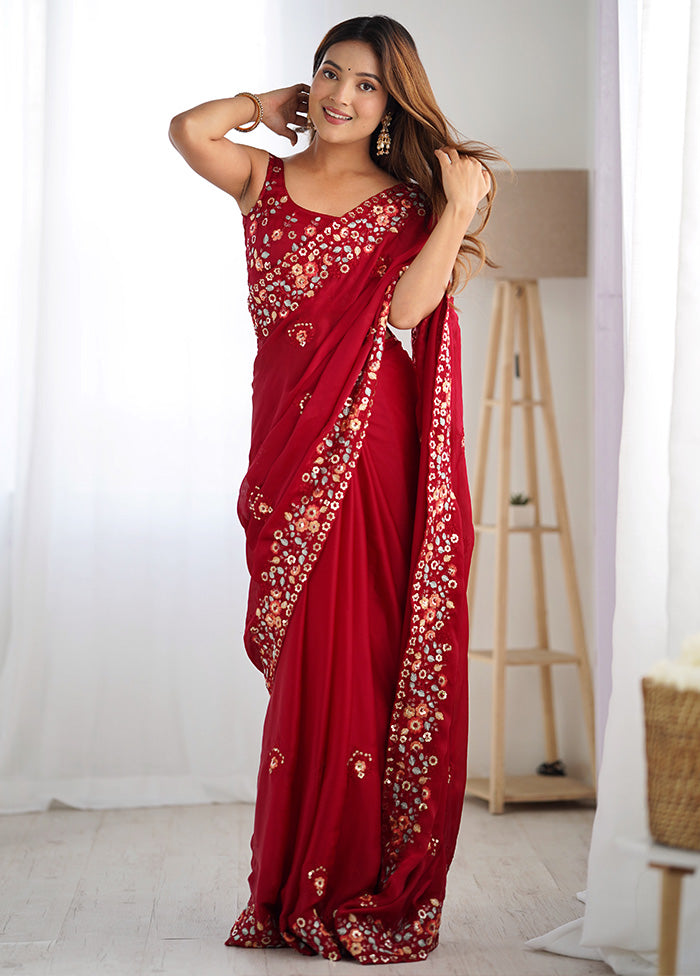 Maroon Satin Silk Saree With Blouse Piece For Sale Top Quality