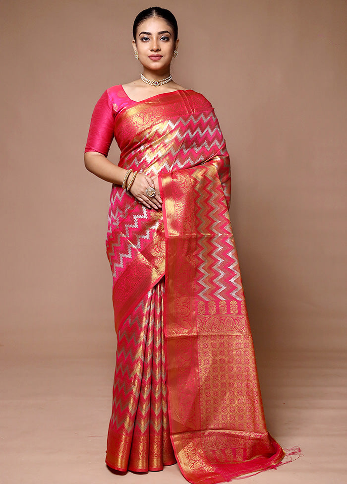 Pink Kanjivaram Silk Saree With Blouse Piece Free Shipping Fashion Style