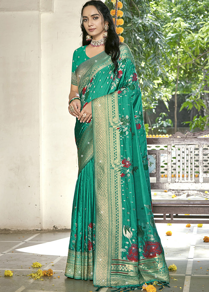 Green Spun Silk Saree With Blouse Piece Cheap Sale Exclusive