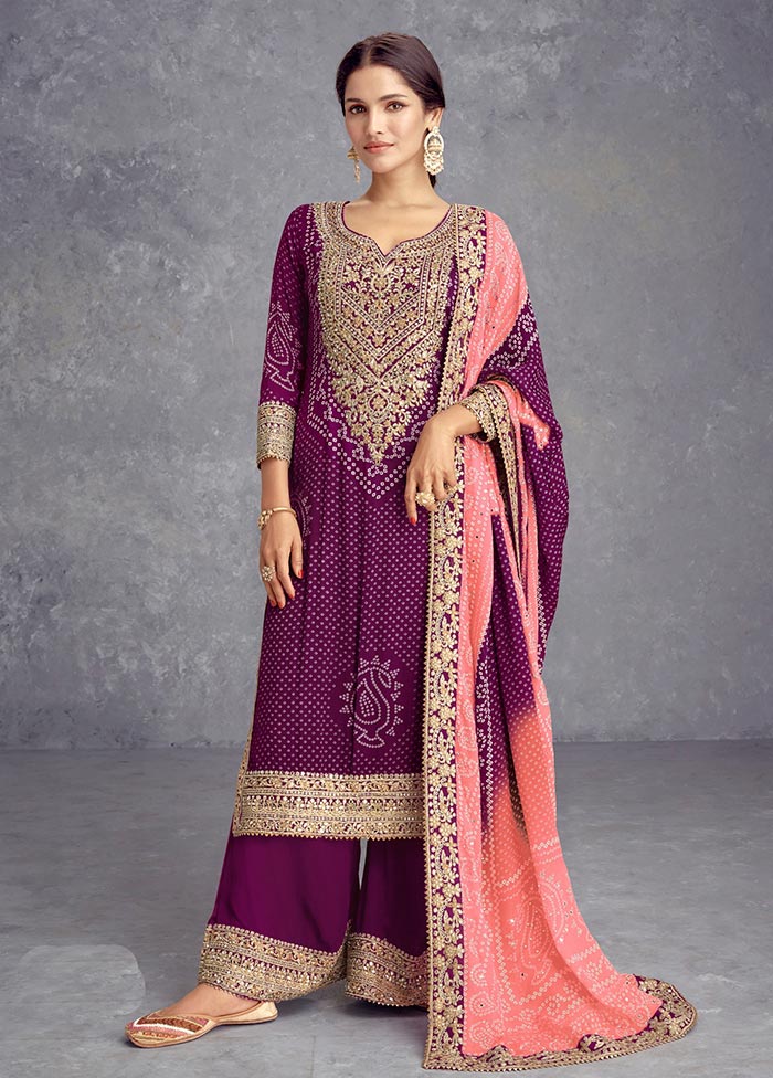 3 Pc Magenta Semi Stitched Silk Suit Set For Sale 2025