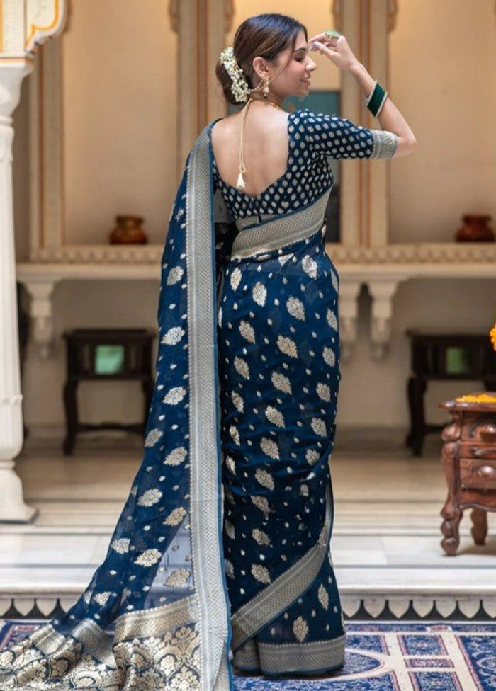 Navy Blue Banarasi Silk Saree With Blouse Piece Cheap Sale Geniue Stockist