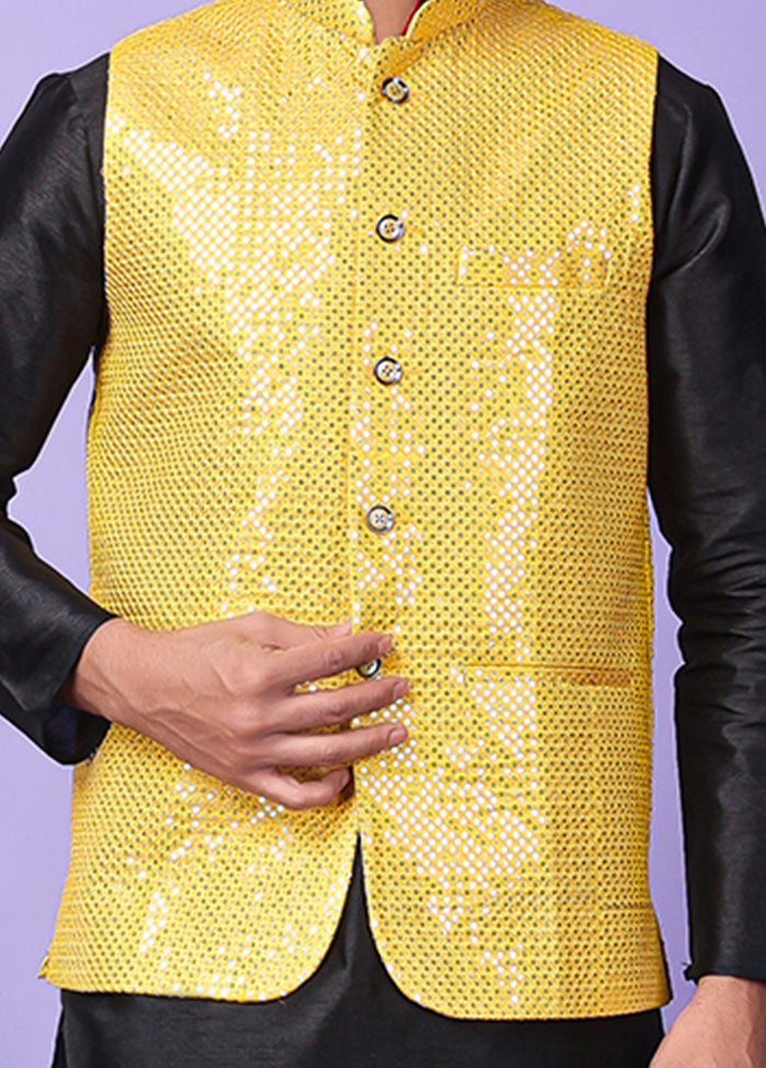 3 Pc Yellow Silk Nehru Set Discount Great Deals