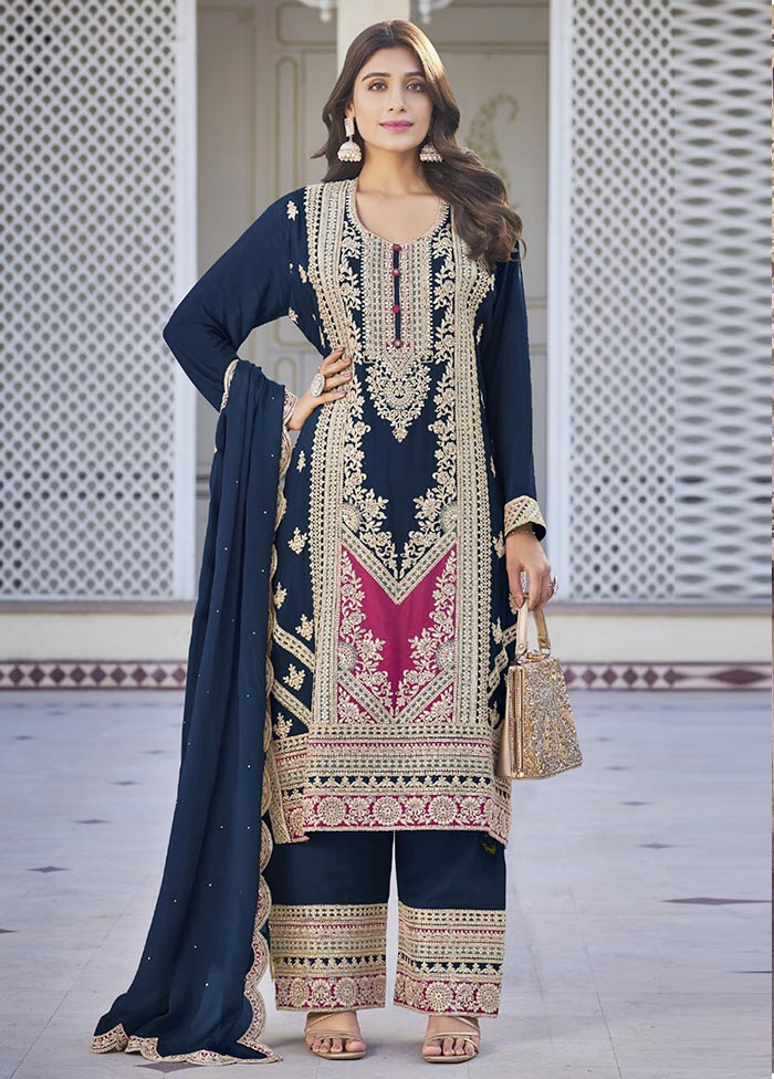 3 Pc Navy Blue Semi Stitched Silk Suit Set Cheap Pice Top Quality