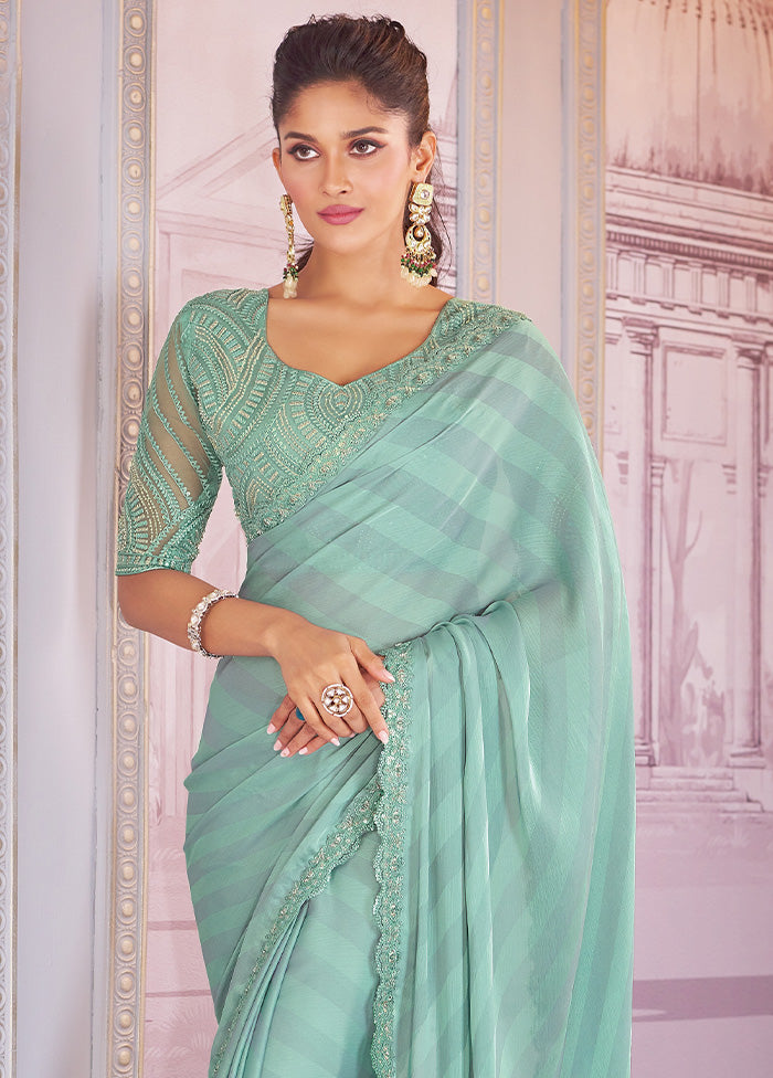 Green Chiffon Silk Saree With Blouse Piece Footlocker Pictures Cheap Online