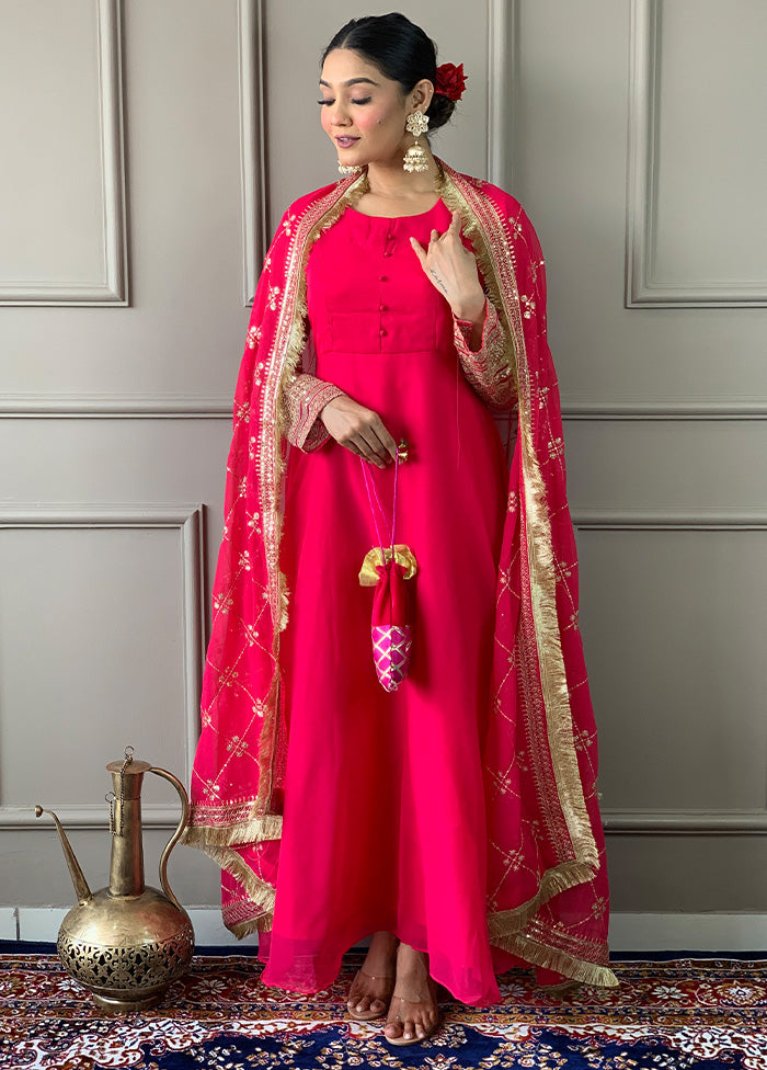 3 Pc Pink Readymade Georgette Dupatta Suit Set Manchester Great Sale Cheap Pice