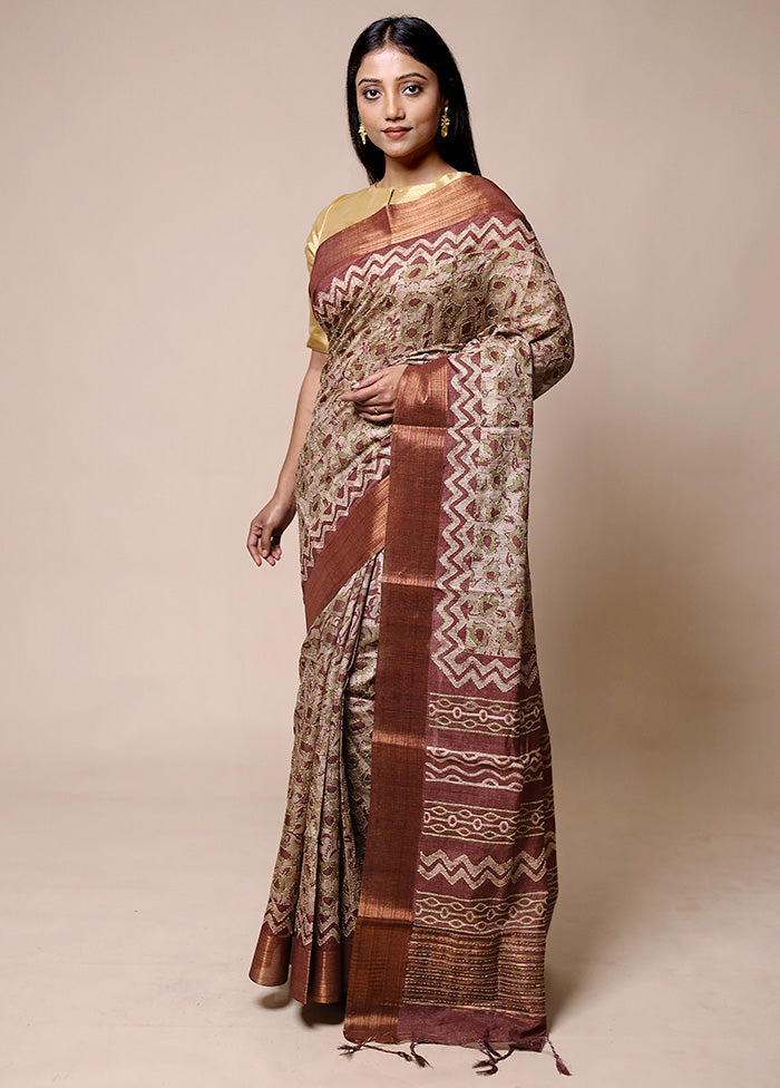 Beige Tussar Silk Saree With Blouse Piece Free Shipping 100% Guaranteed