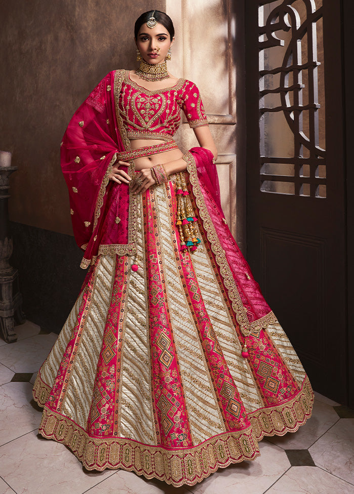 3 Pc White Silk Semi Stitched Lehenga Set Discount Fashion Style