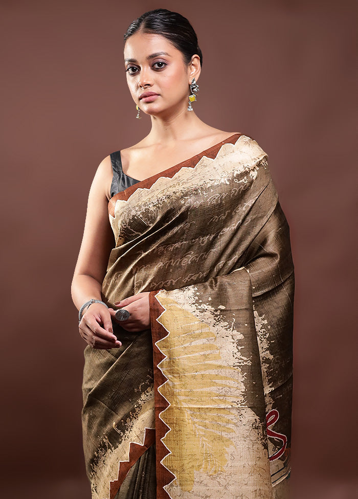 Brown Printed Pure Silk Saree Without Blouse Piece For Sale