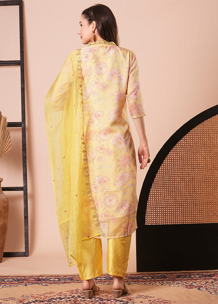 3 Pc Yellow Readymade Silk Dupatta Suit Set Best