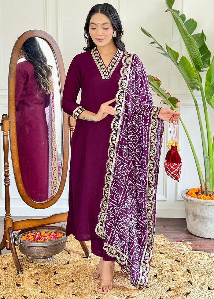 3 Pc Wine Readymade Viscose Dupatta Suit Set Sale Best Wholesale