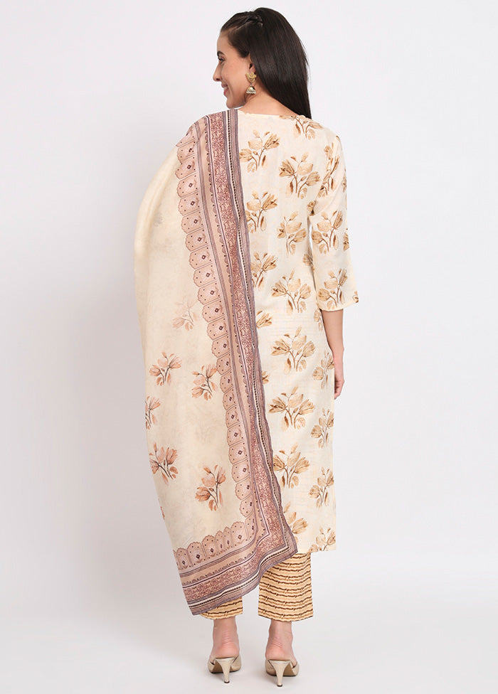 3 Pc Cream Readymade Cotton Dupatta Suit Set Official Sale Online