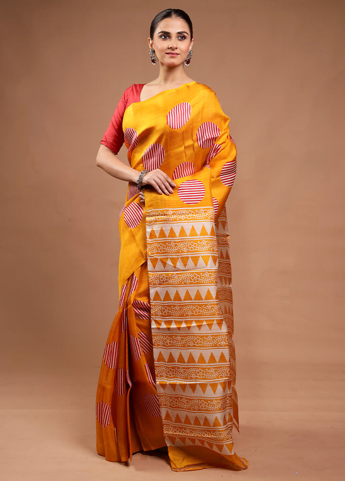 Yellow Printed Pure Silk Saree Without Blouse Piece Cheapest Pice