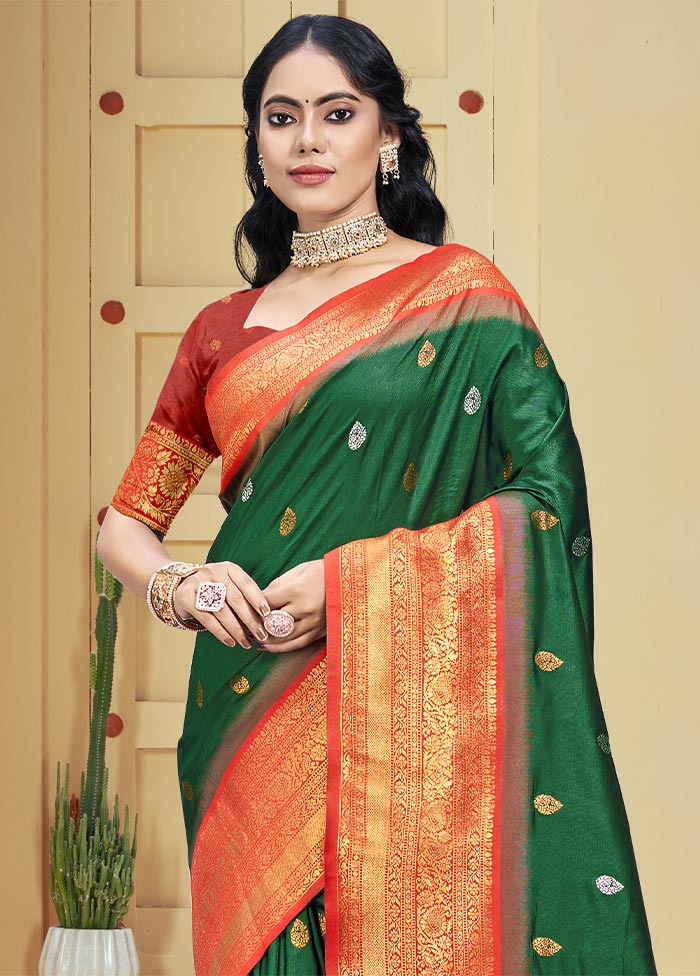 Dark Green Dupion Silk Saree With Blouse Piece Cheap Sale Footaction