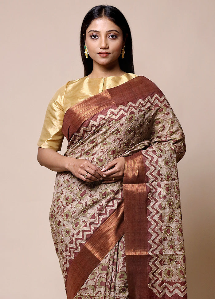 Beige Tussar Silk Saree With Blouse Piece Free Shipping 100% Guaranteed