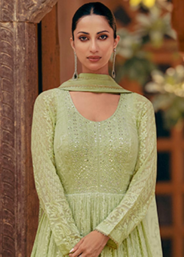 3 Pc Pista Green Semi Stitched Georgette Suit Set Cheap Sale Wholesale Pice