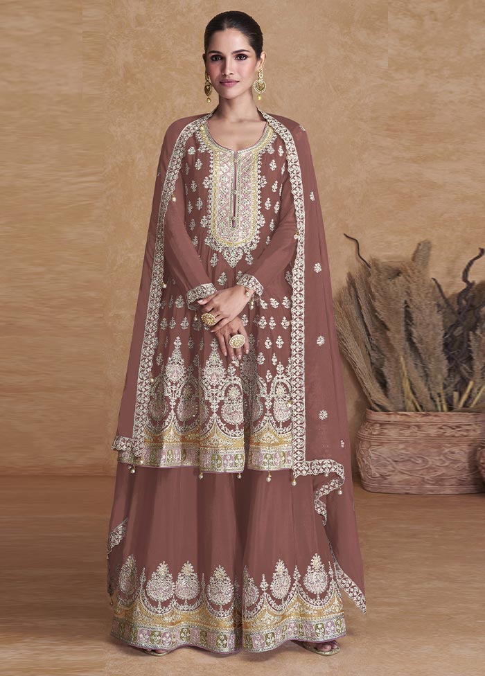 3 Pc Mauve Semi Stitched Georgette Suit Set Buy Online