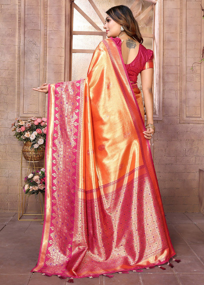 Orange Banarasi Silk Saree With Blouse Piece Limited Edition Cheap Pice