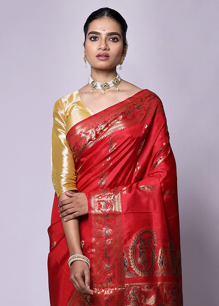 Red Handloom Baluchari Pure Silk Saree With Blouse Piece Cheap Online