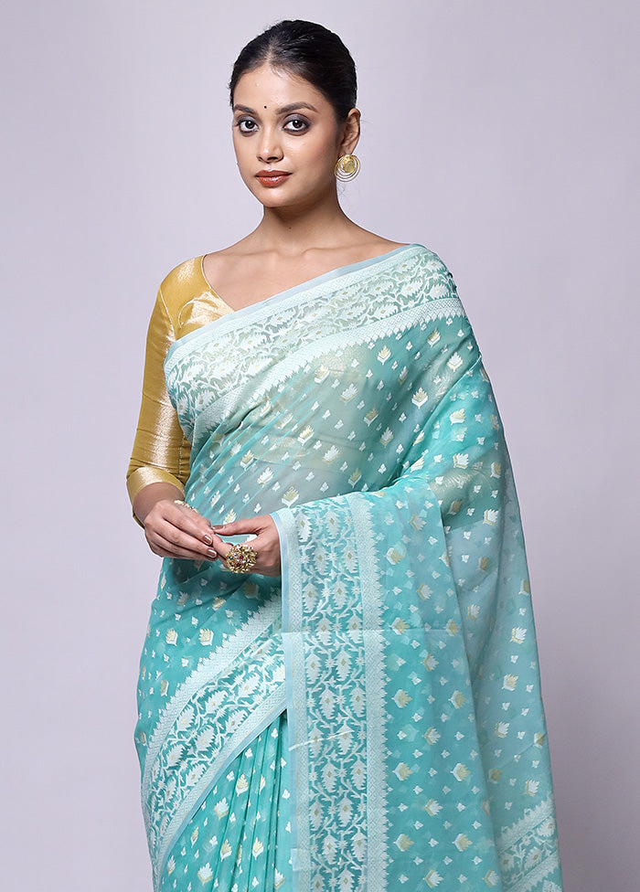 Blue Kora Silk Saree With Blouse Piece Free Shipping Manchester