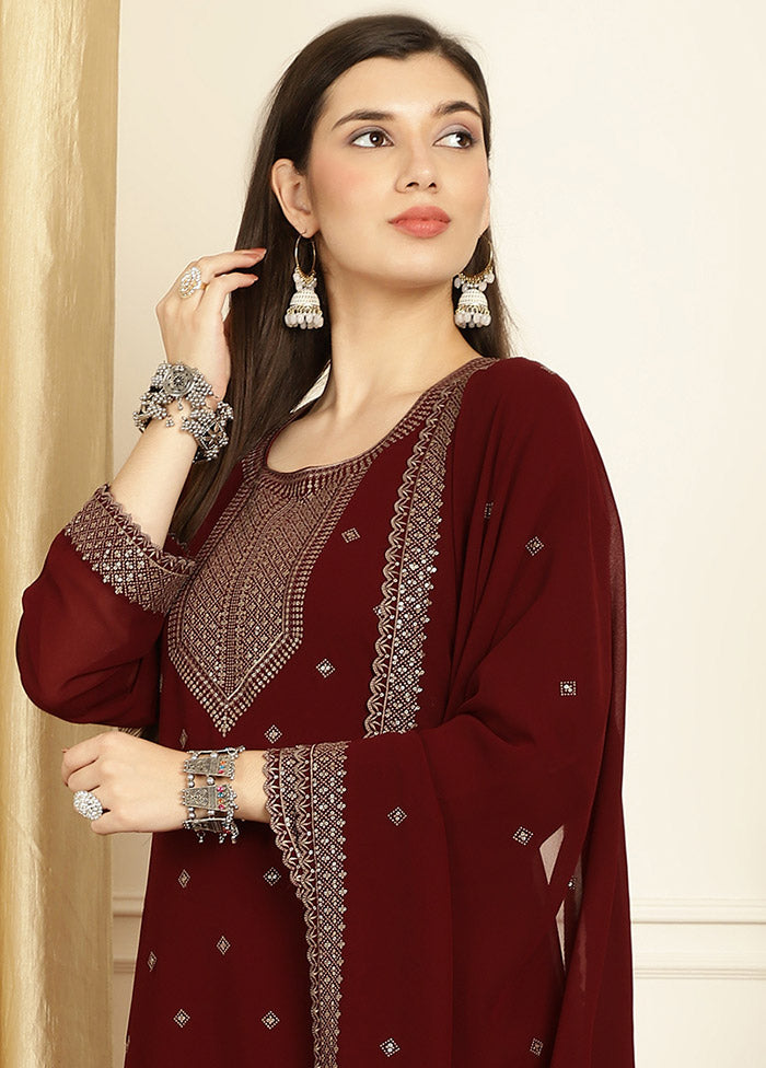 3 Pc Maroon Unstitched Georgette Suit Set Top Quality Cheap Pice