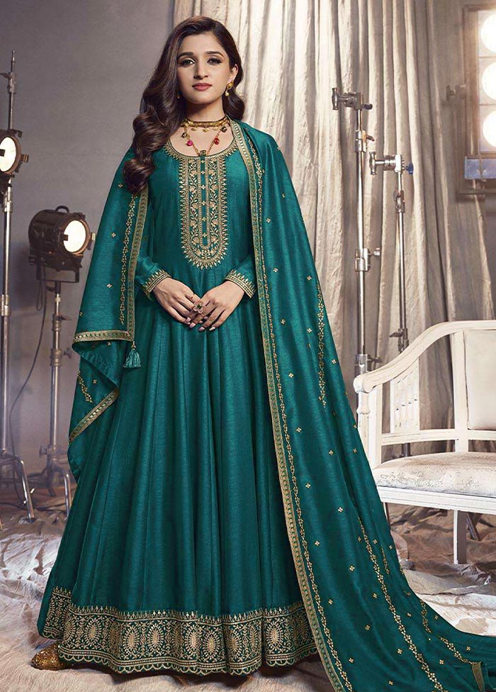 3 Pc Teal Semi Stitched Silk Suit Set Many Kinds Of Online